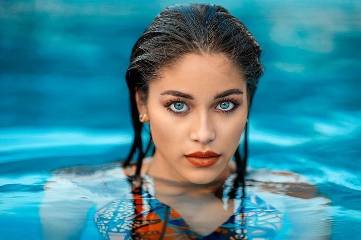 cara, mujer, agua, ojos azules, cabello mojado, piscina, Jessica Napolitano, Fondo de pantalla HD
