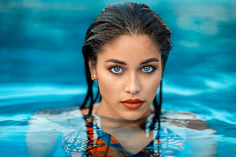 лице, жени, вода, сини очи, мокра коса, басейн, Джесика Наполитано, HD тапет HD wallpaper