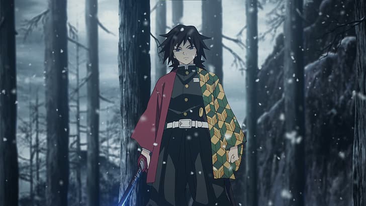 nieve, anime, captura de pantalla de anime, kimetsu no yaiba, giyu tomioka (kimetsu no yaiba), tomioka giyuu, espada, samurái, hashira, kamado tanjiro, kamado nezuko, demonio, cara de demonio, sangre, naturaleza, montañas, Fondo de pantalla HD