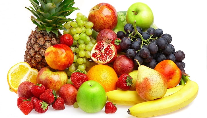 assorted fruits, berries, apples, orange, strawberry, grapes, bananas, fruit, pineapple, peaches, pear, fruits, HD wallpaper