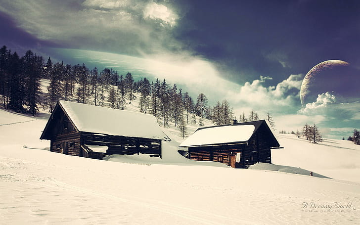 Dreamy Lscape, loghut, trees, hills, snow, cabins, clouds, nature and landscapes, HD wallpaper