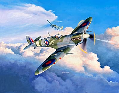  fighter, British, aircraft, painting, Supermarine, Royal Air Force, WWII, Fw.190A, Spitfire Mk.Vb, HD wallpaper HD wallpaper