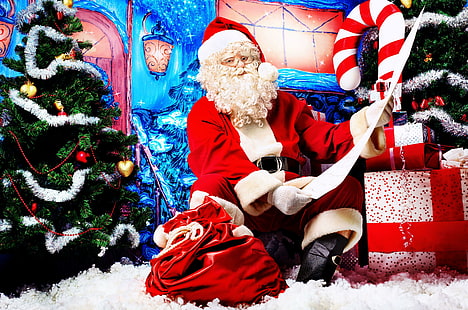 weihnachtsmann, tasche, geschenk, liste, weihnachtsbäume, weihnachtsmann, geschenk, liste, weihnachtsbäume, HD-Hintergrundbild HD wallpaper