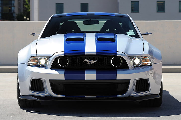 white and blue Ford Mustang coupe, car, Ford Mustang, muscle cars, American cars, HD wallpaper
