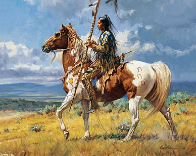 Native American HD, native american riding horse painting, artistic, american, native, HD wallpaper HD wallpaper