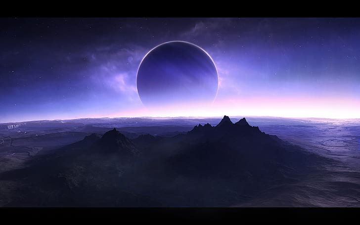 montañas espacio ultraterrestre estrellas planetas tierras baldías púrpuras ciencia ficción Naturaleza Montañas HD Art, montañas, espacio ultraterrestre, Fondo de pantalla HD