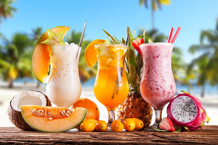 laut, pantai, koktail, musim panas, buah, segar, surga, minuman, tropis, Wallpaper HD