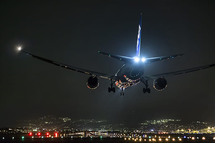 gece, uçak, Japonya, Havaalanı, Osaka, Boeing 747, HD masaüstü duvar kağıdı