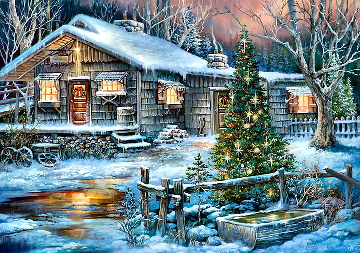 casa con pintura de árbol de navidad, navidad, Fondo de pantalla HD