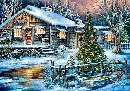 maison avec peinture de sapin de Noël, Noël, Fond d'écran HD HD wallpaper