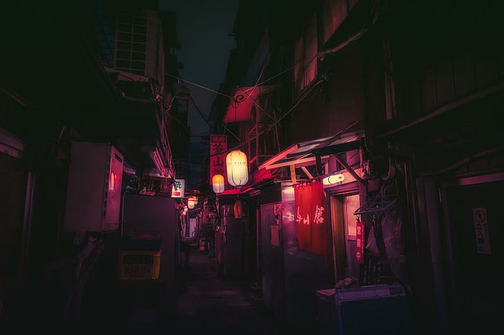 Jepang, jalan, lampu jalan, perkotaan, gelap, Wallpaper HD
