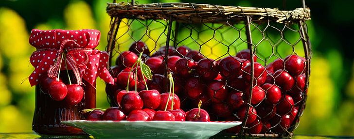корзина, вишня, урожай вишни, вишневое варенье, фрукты, фрукты, фруктовые, садовые, тарелки, красные, спелые, лето, черешня, HD обои