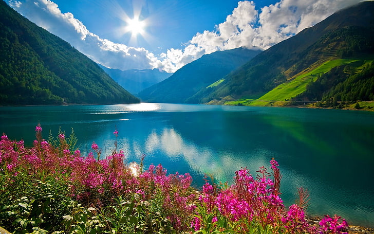 body of water, nature, landscape, mountains, river, Sun, clouds, pink flowers, Austria, HD wallpaper
