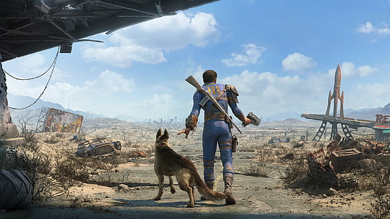 Zrzut ekranu z gry dla dorosłych, czarnego podpalanego owczarka niemieckiego, Fallout 4, Fallout, Tapety HD HD wallpaper