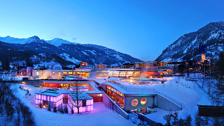 Lindner Alpentherme in inverno, crepuscolo, neve, montagna, luci, Svizzera, Lindner, Alpentherme, inverno, crepuscolo, neve, montagna, luci, Svizzera, Sfondo HD