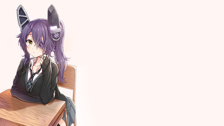 purple haired female anime, Kantai Collection, big boobs, looking at viewer, anime girls, Tenryuu (KanColle), school uniform, anime, white background, long hair, desk, skirt, tie, shirt, purple hair, hands in hair, eye patch, HD wallpaper