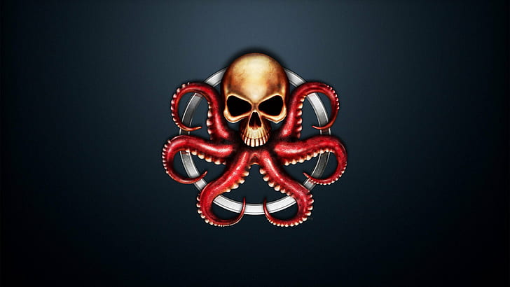 digital art, skull, simple background, logo, octopus, tentacles, blue background, circle, hydra, Marvel Comics, Hydra (comics), HD wallpaper