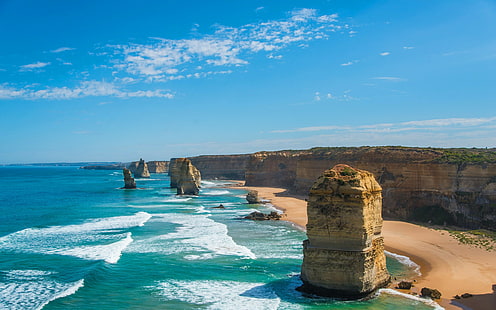 Sea and cliff, the twelve apostles in victoria australia, Nature, rock, cliff, beach, Ocean, Sea, clouds, sky, HD wallpaper HD wallpaper