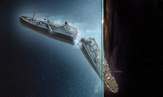 navio de cruzeiro quebrado, navio, obra de arte, veículo, Titanic, HD papel de parede HD wallpaper