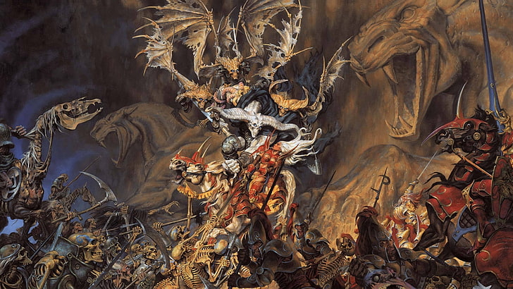 setan versus ksatria karya seni grafis, mayat hidup, setan, kerangka, tentara, pertempuran, kuda, Wallpaper HD
