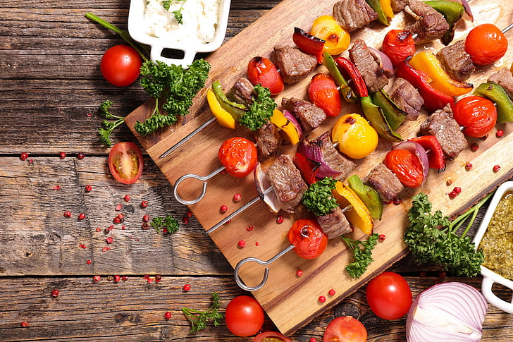 Premium AI Image | Appetitive Grilled meat shashlik shish kebab with  vegetables on wooden board Good food