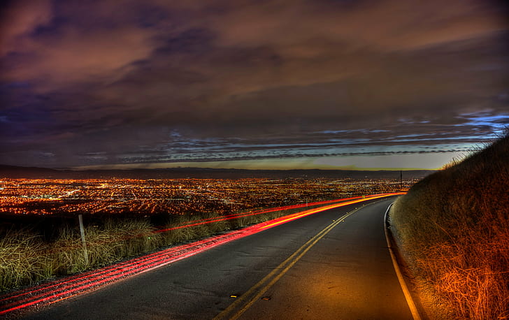 vehicle road beside grass during nighttime, vehicle, road, grass, nighttime, Mt. Hamilton, Silicon Valley, night, clouds, HDR, RAW, NEX-6, SEL-P1650, cloudy, Photomatix, cloudscape, nature, highway, sunset, landscape, travel, HD wallpaper