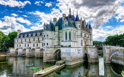 France, castle, water, clouds, France, Castle, Water, Clouds, HD wallpaper HD wallpaper