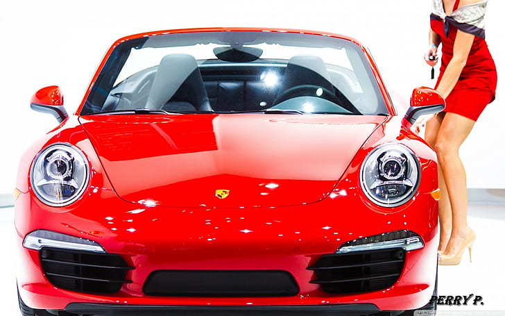 Porsche, mobil merah, wanita dengan mobil, Wallpaper HD