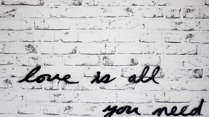the beatles monochrome black white text quote love walls bricks lyrics music, HD wallpaper