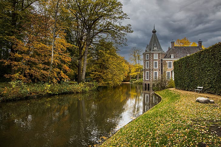 الخريف، الأشجار، القلعة، القناة، هولندا، Замок Нийенхейс، Castle Nijenhuis، Хейно، Heino، خلفية HD