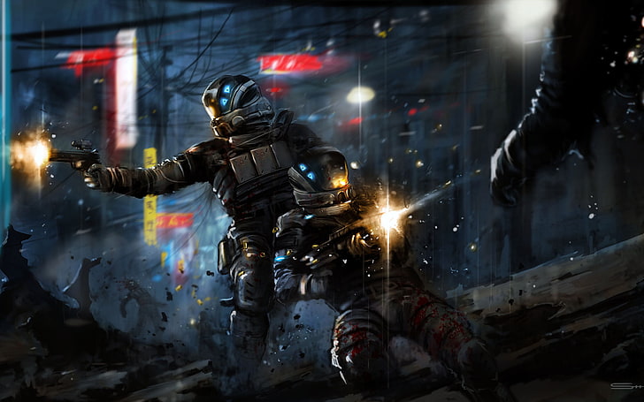 two soldiers illustration, the city, weapons, soldiers, armor, battle, shots, Retribution, Blacklight, HD wallpaper
