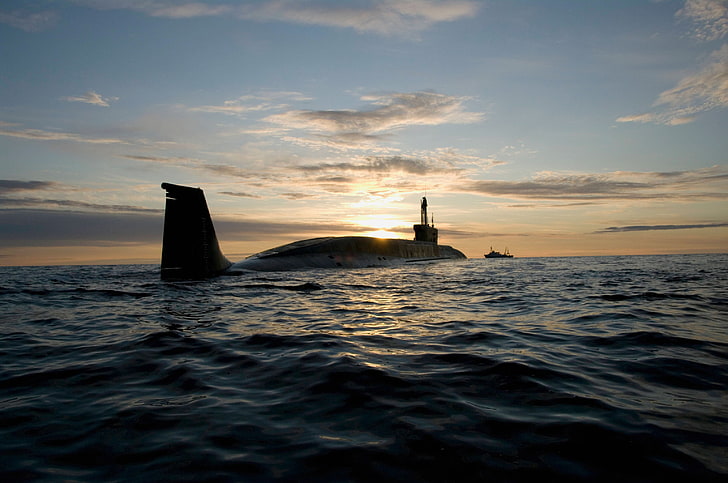 gray and black submarine, sea, sunset, Russia, submarine, project 955, HD wallpaper