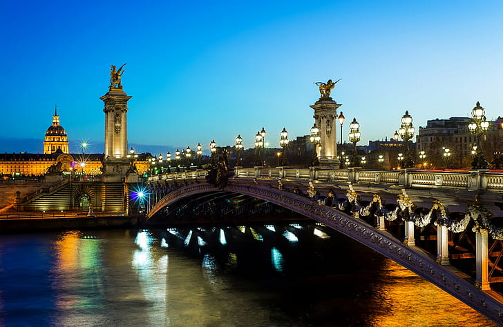 Париж, Франция, Pont Alexandre III, Париж, Франция, Pont Alexandre III, река Сена, город, ночь, огни, освещение, свет, мост, архитектура, HD обои