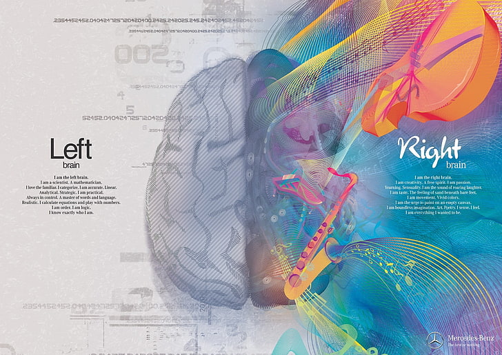 graue und blaue Gehirn Tapete, Gehirn, Spaltung, selektive Färbung, Noten, digitale Kunst, Zahlen, Text, Mercedes-Benz, abstrakt, HD-Hintergrundbild