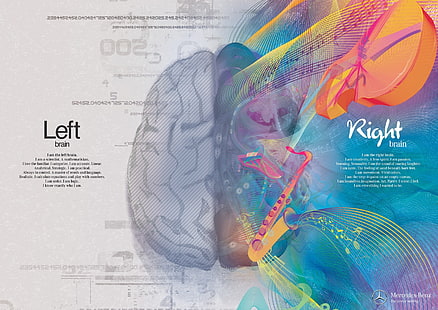серый и синий мозг обои, мозг, расщепление, выборочная раскраска, музыкальные ноты, цифровое искусство, цифры, текст, Mercedes-Benz, аннотация, HD обои HD wallpaper