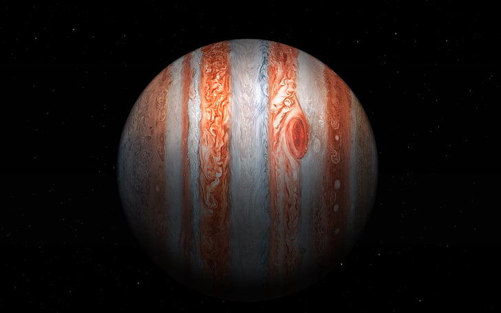 planet bergaris oranye dan abu-abu, planet, Jupiter, luar angkasa, bintang, Tata Surya, Wallpaper HD