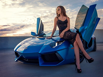 Lamborghini, Girl, Legs, Beautiful, Model, Blue, LP700-4, Aventador, View, Supercar, Hair, Dress, Zoe P, Sfondo HD HD wallpaper