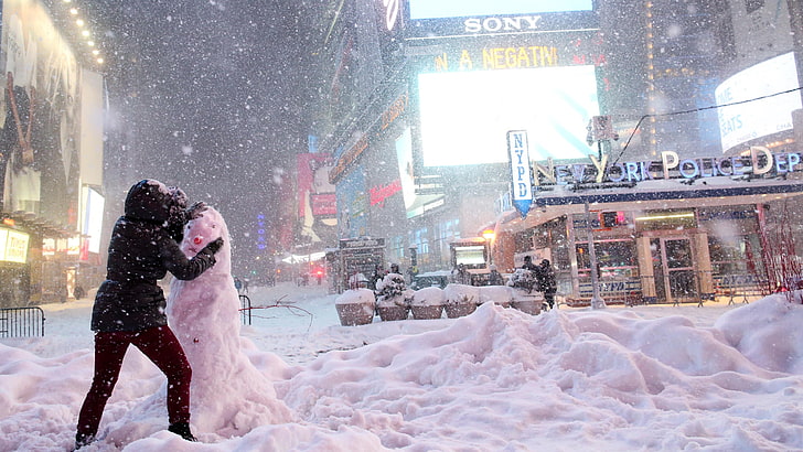 сняг, зима, замръзване, снежен човек, град, зимна буря, виелица, лед, забавление, Ню Йорк, улица, Ню Йорк, снеговалеж, HD тапет