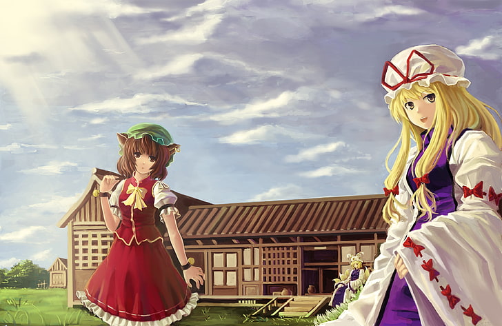 two female anime characters illustration, touhou, yakumo yukari, yakumo ran, girls, sky, house, walk, HD wallpaper