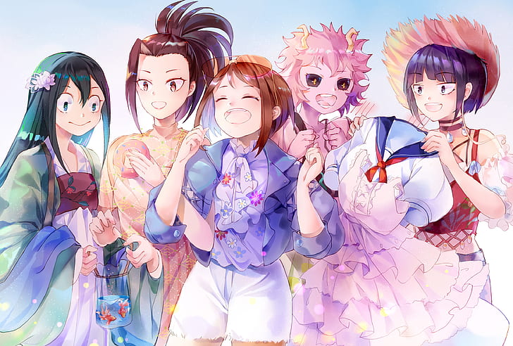 Anime, My Hero Academia, Kyōka Jirō, Mina Ashido, Momo Yaoyorozu, Ochaco Uraraka, Toru Hagakure, Tsuyu Asui, HD papel de parede