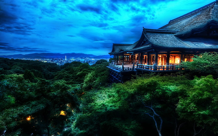 casa pagoda nera, casa di legno marrone vicino agli alberi durante l'alba, HDR, notte, foresta, paesaggio urbano, architettura, Asia, alberi, blu, Sfondo HD