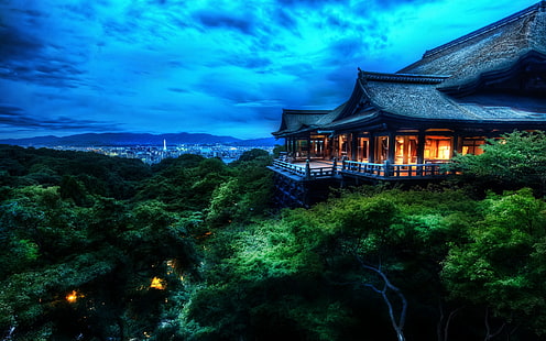 maison de la pagode noire, maison en bois marron près des arbres à l'aube, HDR, nuit, forêt, paysage urbain, architecture, Asie, arbres, bleu, Fond d'écran HD HD wallpaper