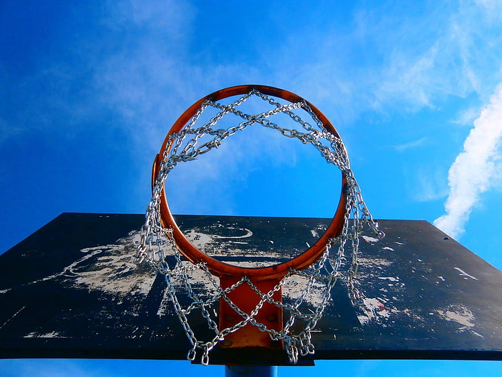 red and black basketball hoop, basketball, sky, worm's eye view, nets, hoop, cyan, blue, chains, HD wallpaper