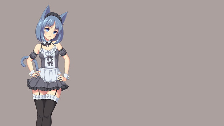 blue haired girl anime character, anime girls, anime, simple background, original characters, nekomimi, animal ears, tail, maid, maid outfit, thigh-highs, frills, short hair, blue hair, skirt, HD wallpaper