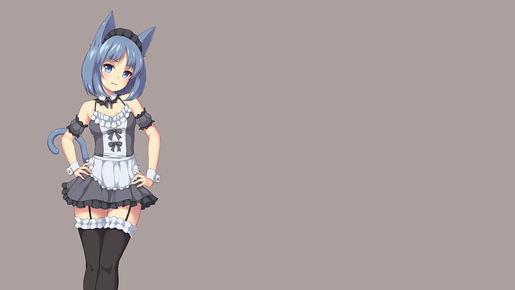 skirt, original characters, anime girls, thigh-highs, maid outfit, frills, animal ears, blue hair, anime, nekomimi, simple background, tail, short hair, maid, HD wallpaper