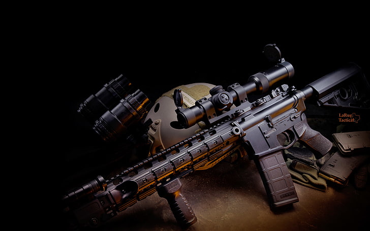 rifle de asalto negro y alcance táctico, armas, pistola, crepúsculo, arma, mosquetón, automático, fondo de pantalla hd, rifle de asalto, PNV, Larue Tactical, carabina de asalto, Fondo de pantalla HD
