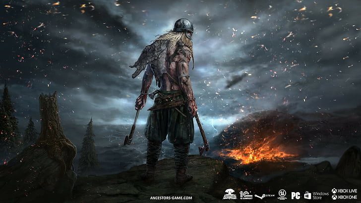 man holding axe game character, Ancestors, viking, best strategy games, HD wallpaper