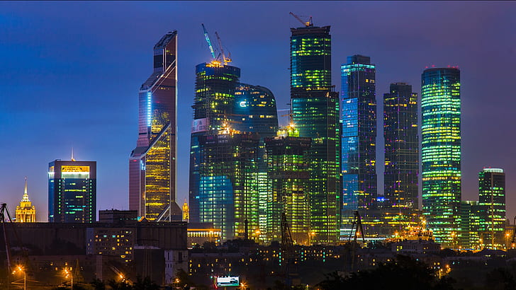 Malam kota yang indah, Moskow, gedung pencakar langit, lampu, Indah, Kota, Malam, Moskow, Pencakar Langit, Lampu, Wallpaper HD