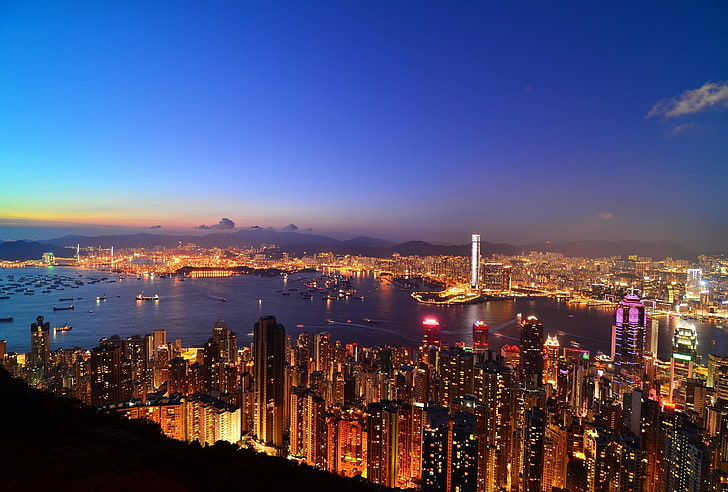 gedung-gedung tinggi abu-abu, kota, Hong Kong, Wallpaper HD