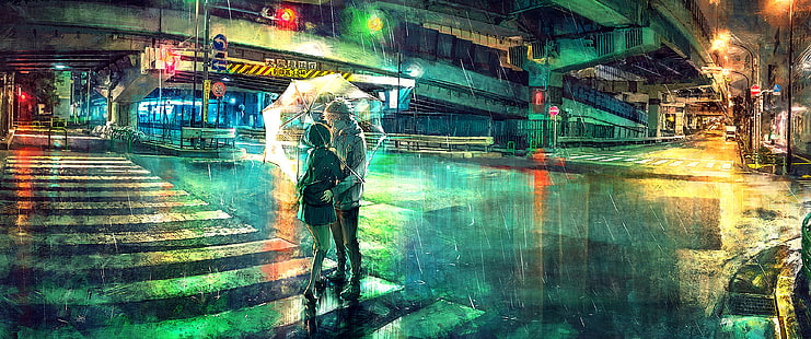 мужчина и женщина под зонтиком обои, разноцветные, путепровод, зонт, дождь, ночь, огни, ультраширо, ультраширо, аниме, аниме парни, аниме девушки, HD обои HD wallpaper